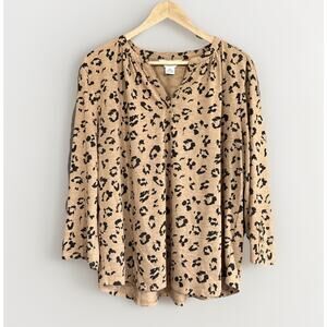 Leopard Print 3/4 Length Sleeve Tunic Top Tan Black Y2K Mob Wife Casual Chic XXL